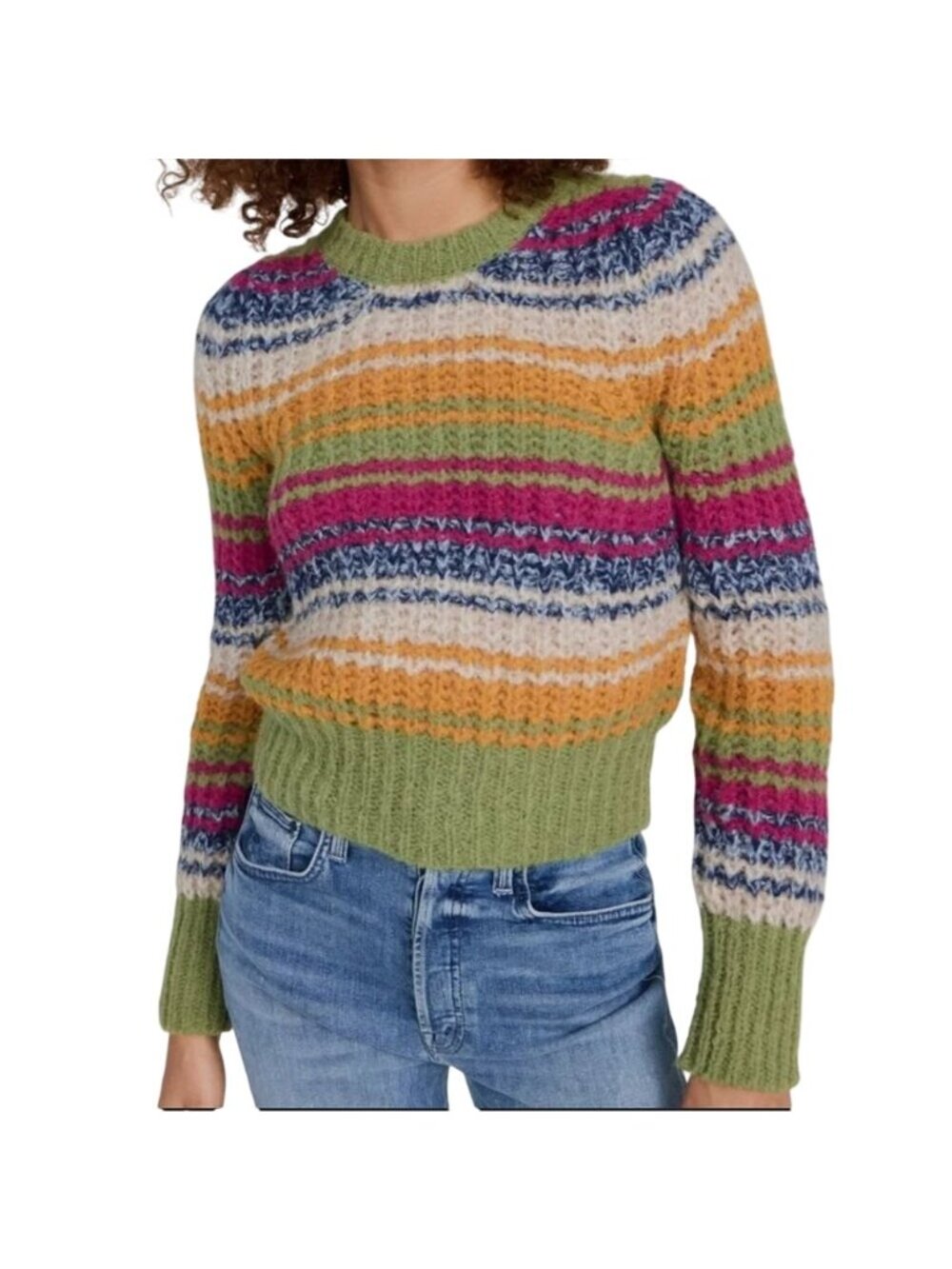 MOTHER Multicolor Alpaca Striped Puff Sleeve Crewneck Sweater Womens Large